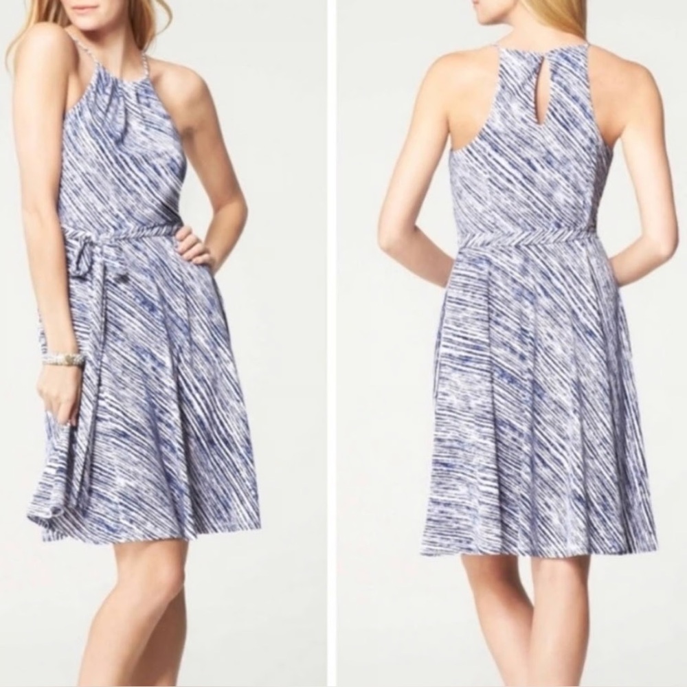 Ann Taylor Blue and White Midi Fit & Flare Halter Dress